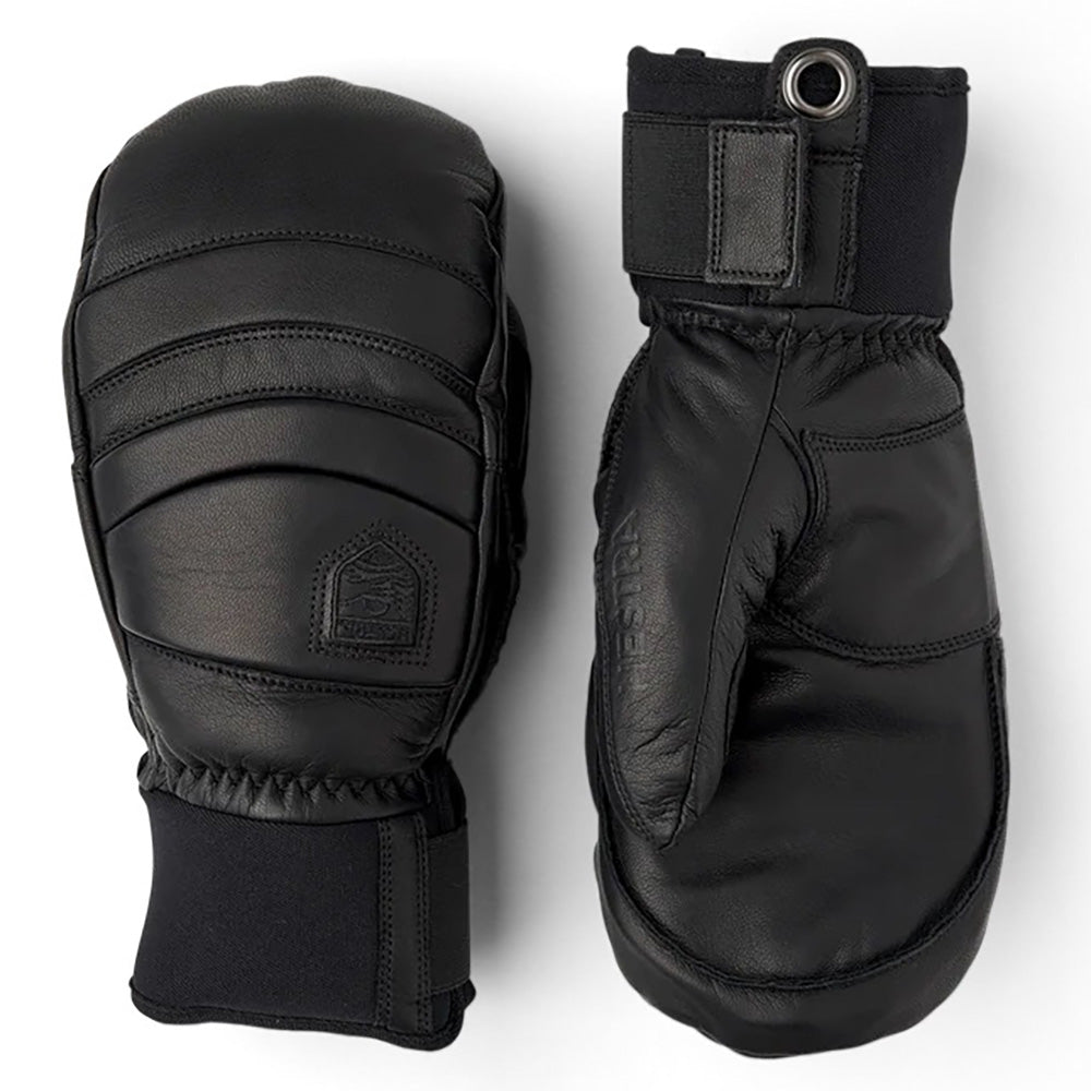 Hestra Fall Line Mitt in Black cowhide leather with G-Loft insulation, removable lining and short neoprene cuff.