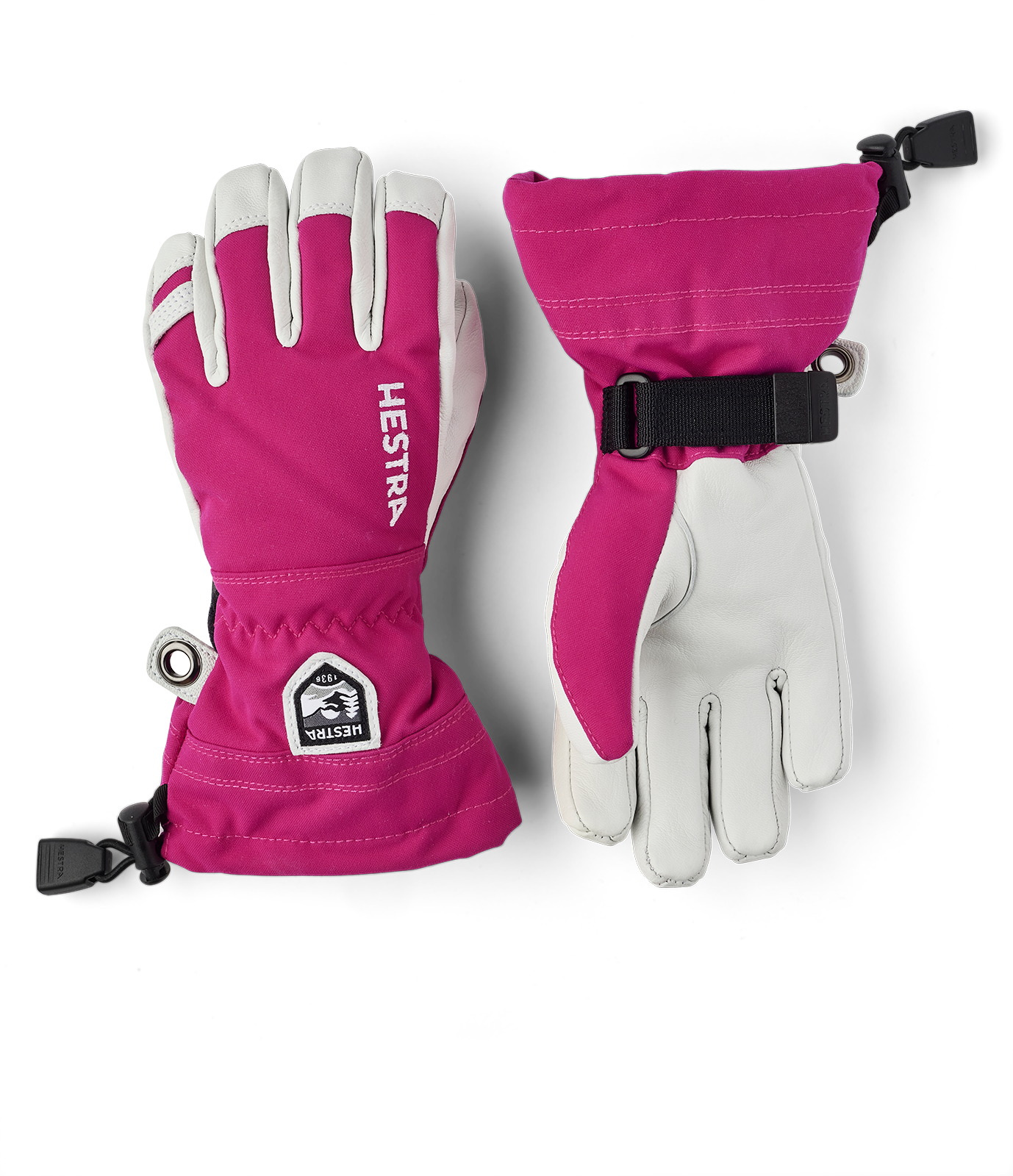 A pair of pink and white Hestra Junior Army Leather Heli Ski Gloves that are made with premium leather.