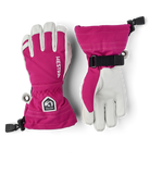 A pair of pink and white Hestra Junior Army Leather Heli Ski Gloves that are made with premium leather.