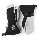 A pair of black and white Hestra Jr Heli Ski 3-Finger Gloves that are designed to keep your child's hands warm and dry in harsh winter conditions.