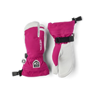 A pair of pink and white Hestra Junior Army Leather Heli Ski 3-Finger Gloves made from premium leather.