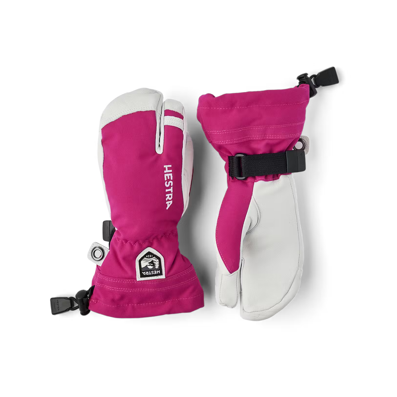 A pair of pink and white Hestra Junior Army Leather Heli Ski 3-Finger Gloves made from premium leather.