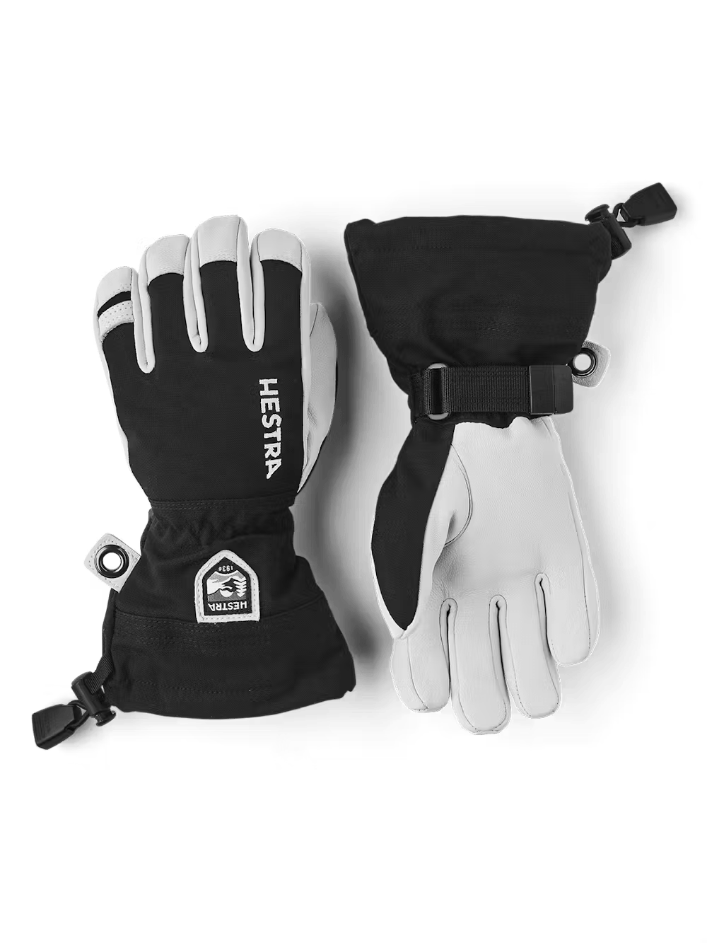 A pair of black and white Hestra Jr Army Leather Heli Ski gloves that are designed to keep your child's hands warm and dry in harsh winter conditions.