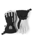 A pair of black and white Hestra Jr Army Leather Heli Ski gloves that are designed to keep your child's hands warm and dry in harsh winter conditions.