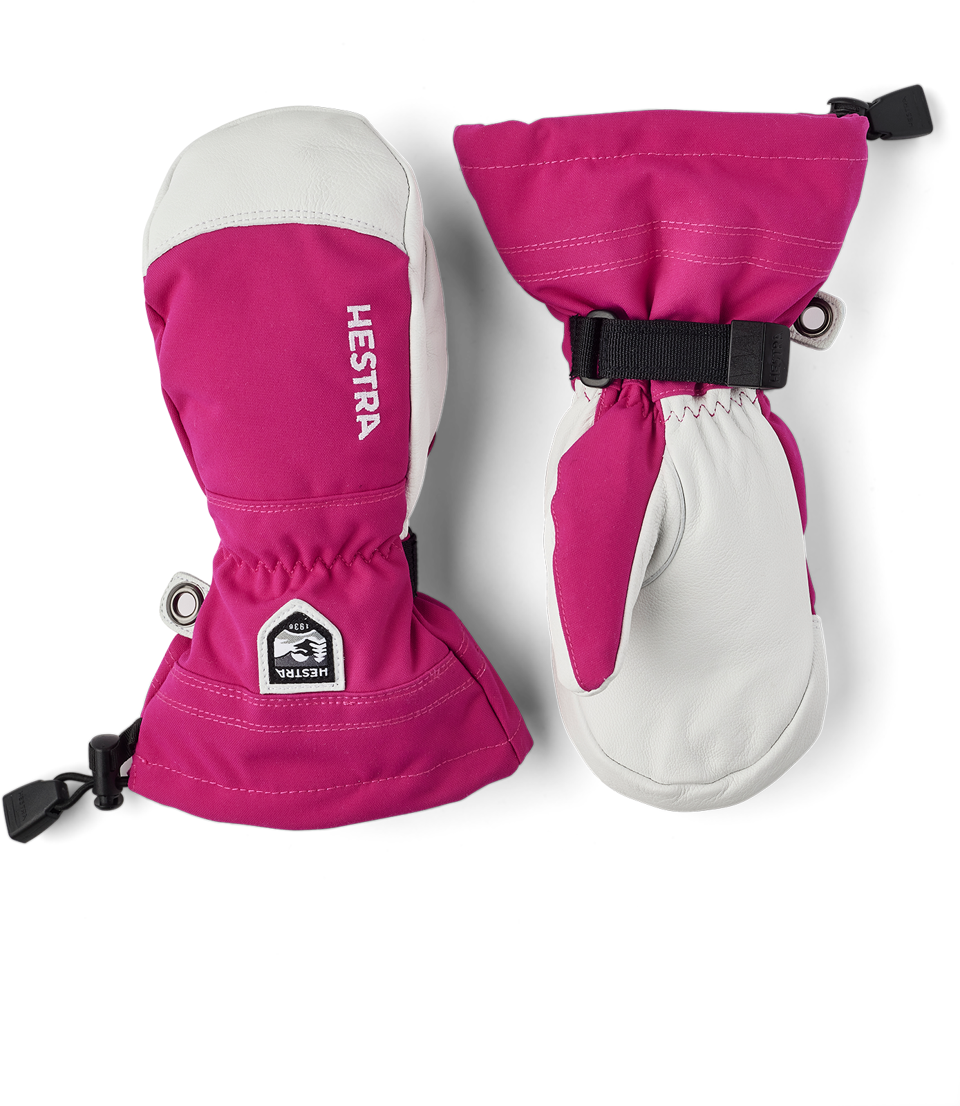 A pair of pink Hestra Junior Army Leather Heli Ski Mittens that are designed to keep your child's hands warm and dry in harsh winter conditions.