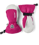 A pair of pink Hestra Junior Army Leather Heli Ski Mittens that are designed to keep your child's hands warm and dry in harsh winter conditions.