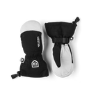 A pair of black and white Hestra Junior Army Leather Heli Ski Mittens made from premium leather.