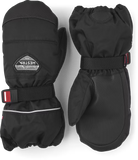 A pair of black Hestra Jr CZone Mittens that are designed to keep your child's hands warm and dry in harsh winter conditions.
