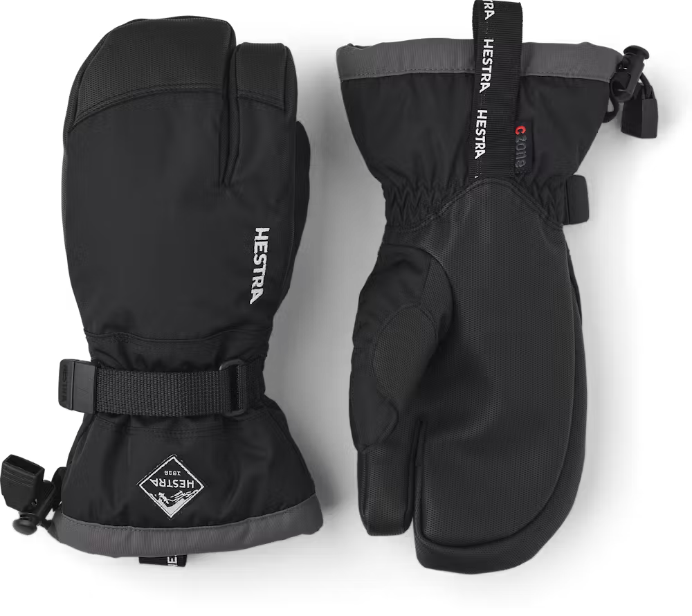 A pair of black Hestra Jr Gauntlet CZone 3 Finger Gloves that are designed to keep your child's hands warm and dry in harsh winter conditions.