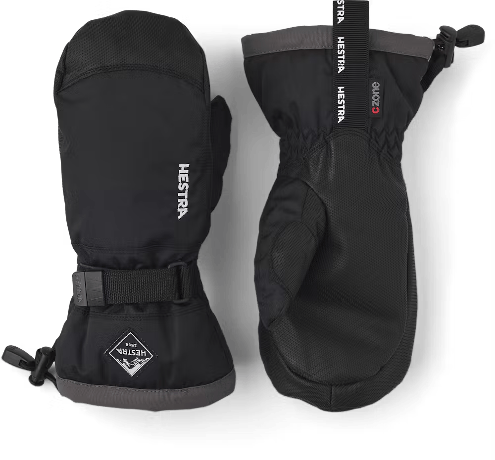A pair of black Hestra Jr Gauntlet CZone Mittens that are designed to keep your child's hands warm and dry in harsh winter conditions.