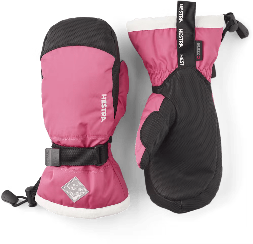 A pair of pink Hestra Jr Gauntlet CZone Mittens that are designed to keep your child's hands warm and dry in harsh winter conditions.