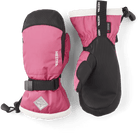 A pair of pink Hestra Jr Gauntlet CZone Mittens that are designed to keep your child's hands warm and dry in harsh winter conditions.