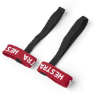 A pair of black, red, and white Hestra Kids Handcuffs 80/17mm that are designed to keep your child's gloves and mittens secure to their wrists.