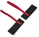 A pair of red and black HESTRA men's handcuffs designed to attach to ski and snowboard gloves.