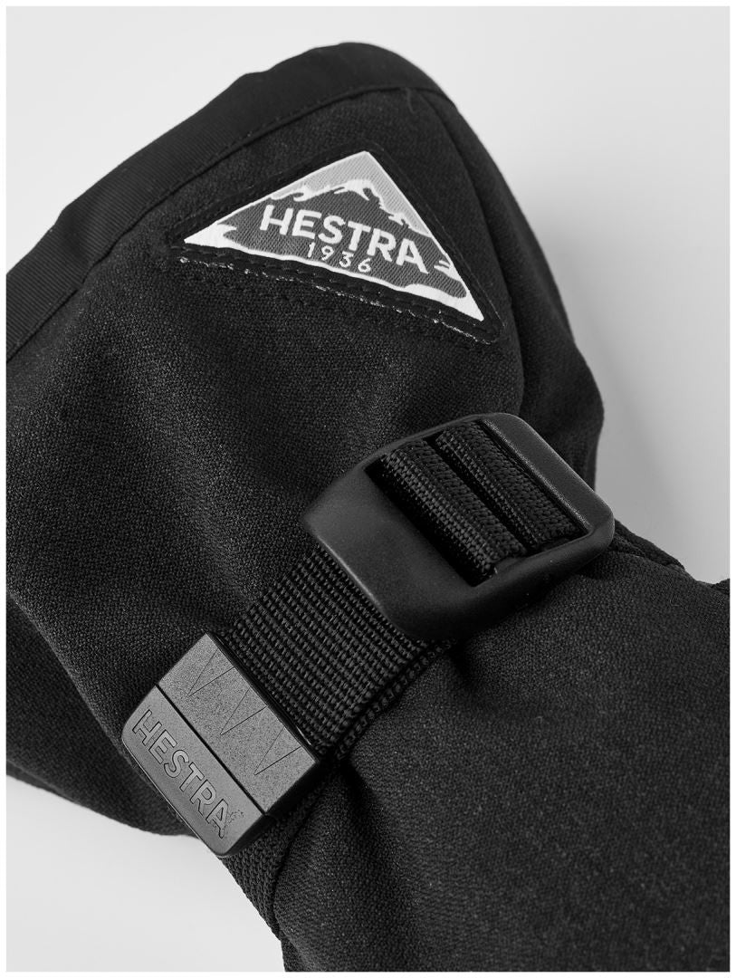 Hestra Powder Gauntlet Five Finger ski glove with goat leather palm, Fiberfil insulation, removable microfleece liner and long gauntlet cuff.