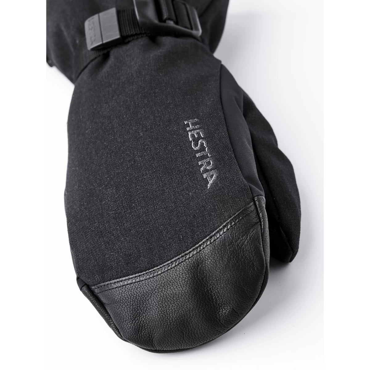 Hestra Powder Gauntlet Mitt in Black with goat leather, Fiberfill insulation, removable microfleece liner and long protective cuff.