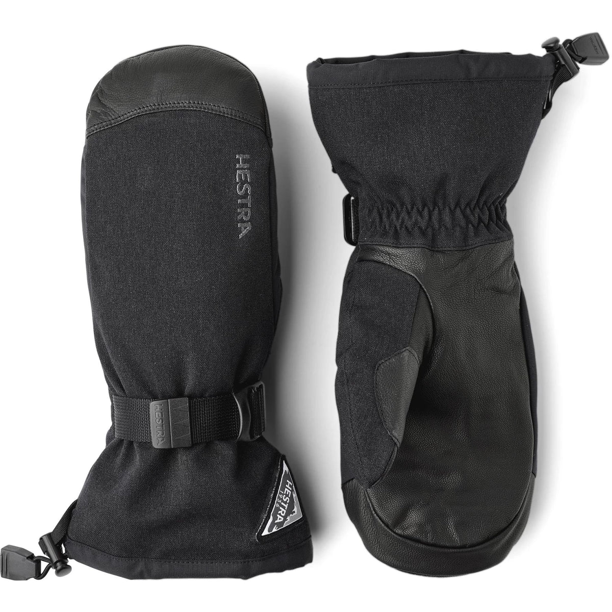 Hestra Powder Gauntlet Mitt in Black with goat leather, Fiberfill insulation, removable microfleece liner and long protective cuff.