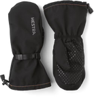 A pair of black Hestra Pullover Mittens, which are designed to keep your hands completely dry in even the wettest mountain conditions.