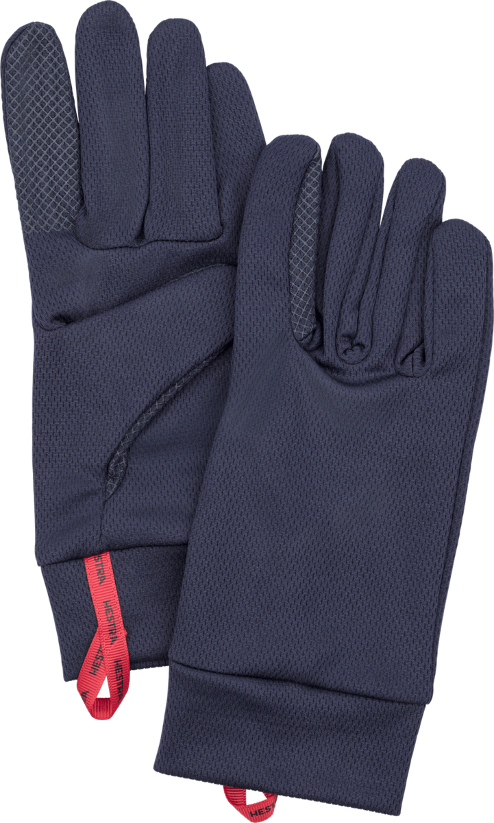 Hestra Touch Point Dry Wool Glove Liners in Navy with wool-blend fabric and touchscreen-compatible thumb and index finger.
