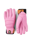 A pair of pink Hestra Women's Fall Line Gloves that are made from premium leather.