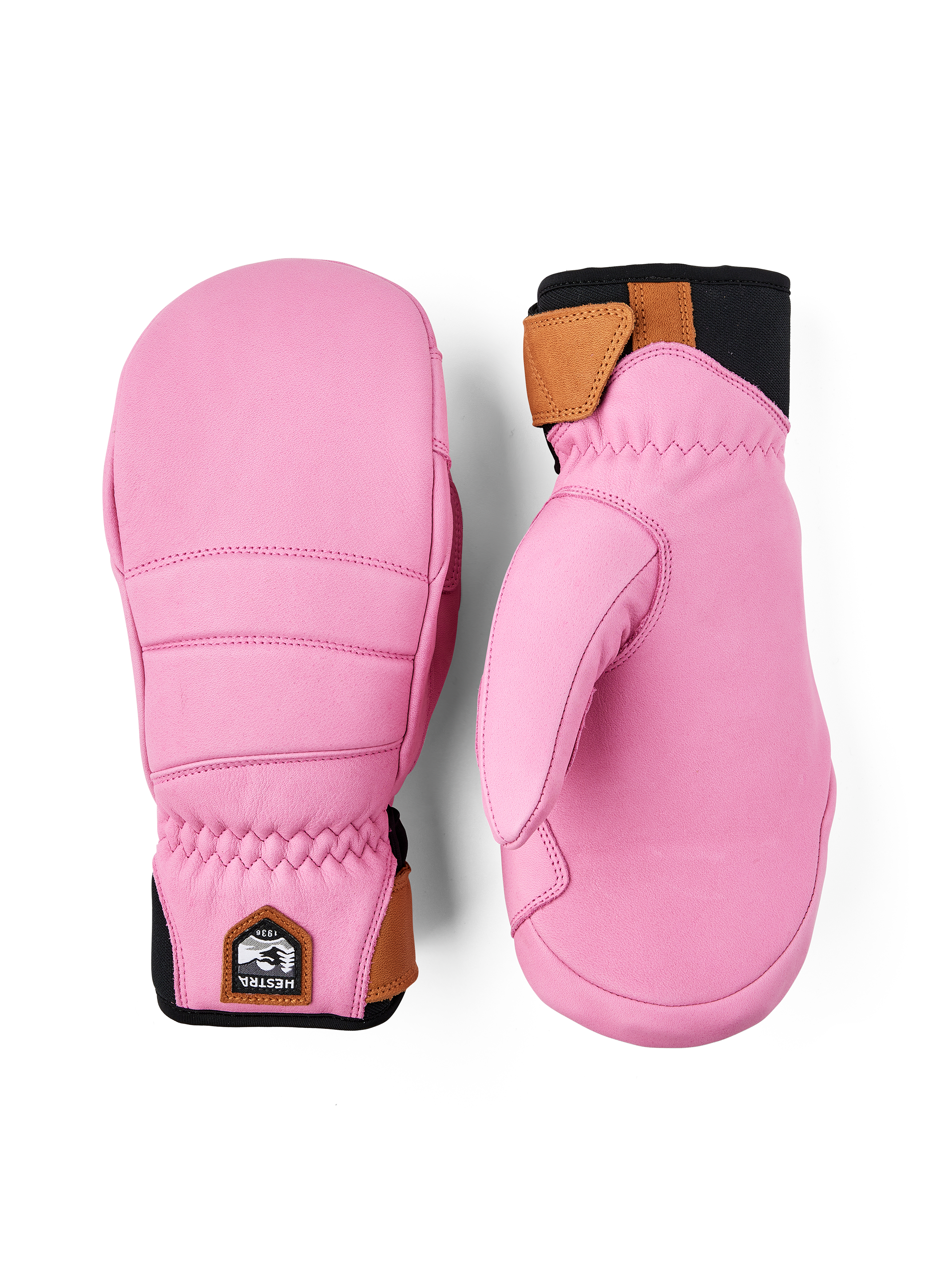 A pair of pink Hestra Women's Fall Line premium leather mittens.
