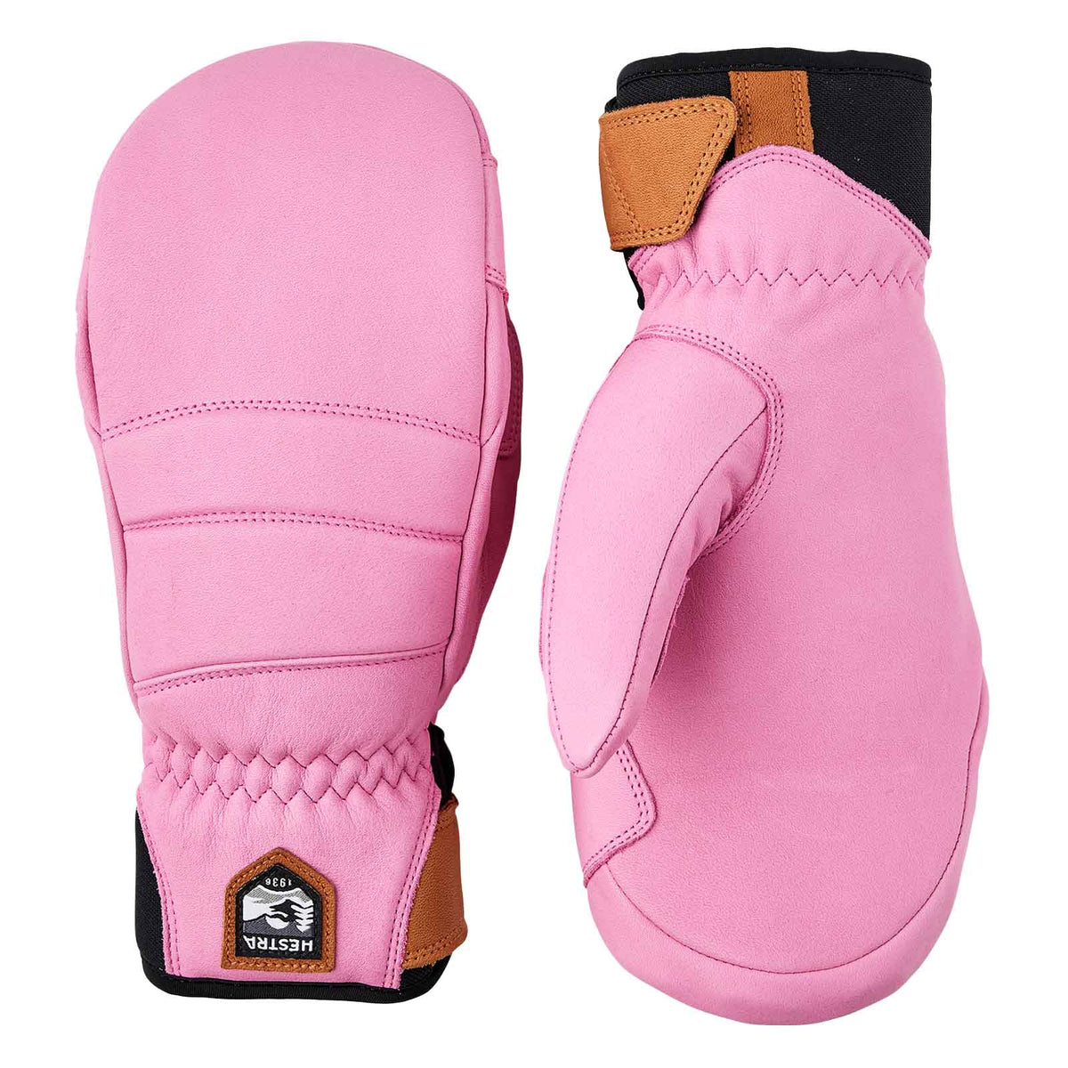 A pair of pink Hestra Women's Fall Line premium leather mittens.