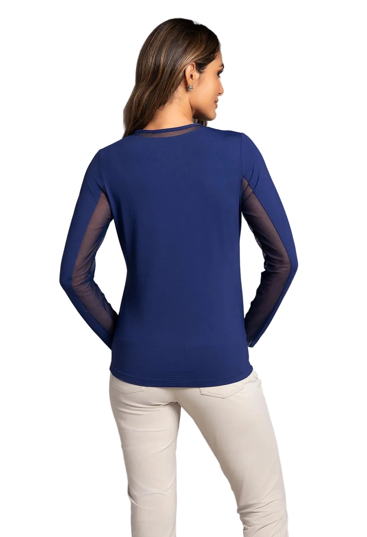 IBKÜL Women's Golf Long Sleeve Crew Neck with Mesh featuring breathable mesh panels, cooling performance fabric, and UPF sun protection.