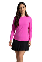 IBKÜL Women's Golf Long Sleeve Crew Neck with Mesh featuring breathable mesh panels, cooling performance fabric, and UPF sun protection.