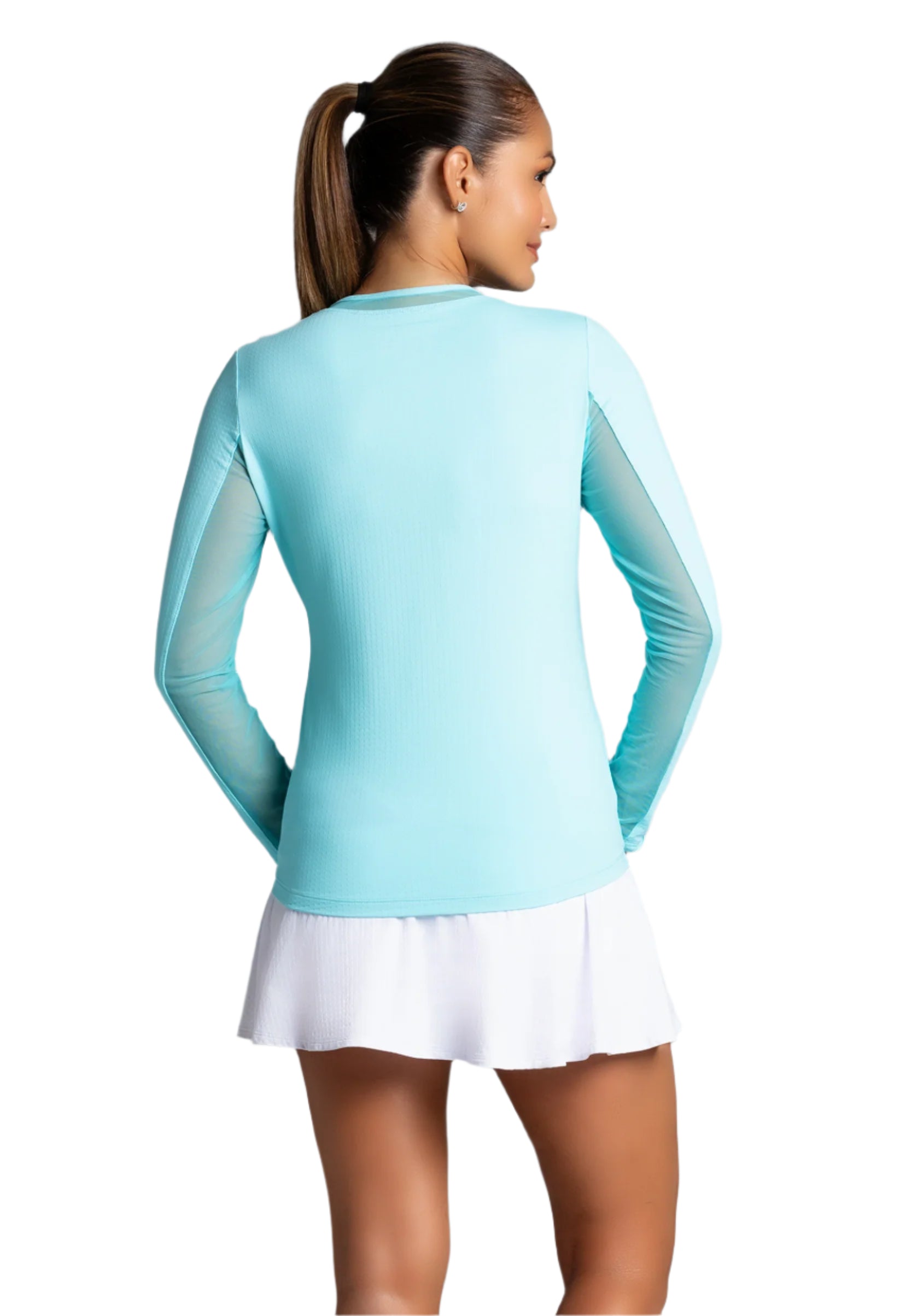 IBKÜL Women's Golf Long Sleeve Crew Neck with Mesh featuring breathable mesh panels, cooling performance fabric, and UPF sun protection.