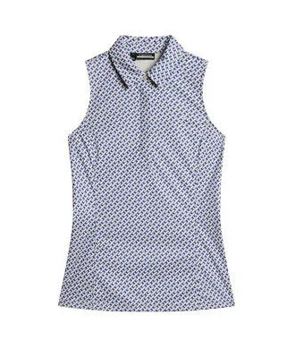 J.Lindeberg Women's Dena Print sleeveless golf polo with breathable stretch performance fabric and modern printed design for golf wear