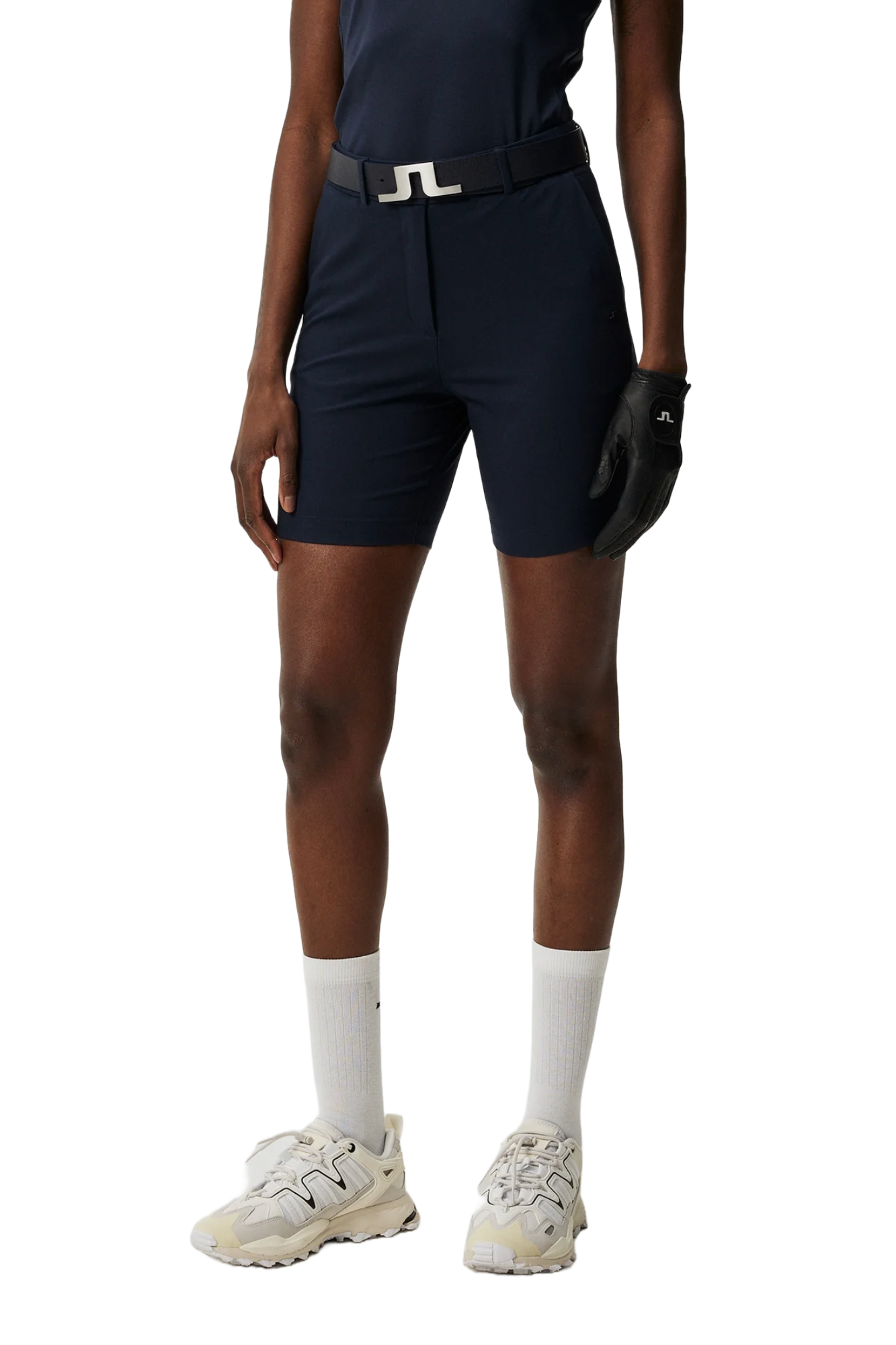 J.Lindeberg Women's Gwen Long golf shorts with breathable stretch performance fabric and extended coverage for golf and active wear