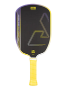 A Joola Agassi Edge Heat Vision pickleball paddle with a black face, yellow and purple trim, and a yellow grip, shown against a light gray background.