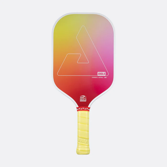 A Joola pickleball paddle with a vibrant yellow-to-pink gradient face and a yellow wrapped handle.