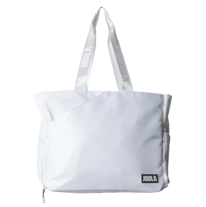 A white JOOLA Everyday Tote Bag with matching white shoulder straps, featuring a small black JOOLA logo patch on the bottom right corner.