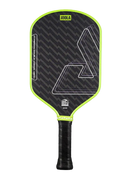A Joola Hyperion Double Vision pickleball paddle featuring a black chevron-patterned face with a bright neon green border, white graphic lines, and a black wrapped handle.