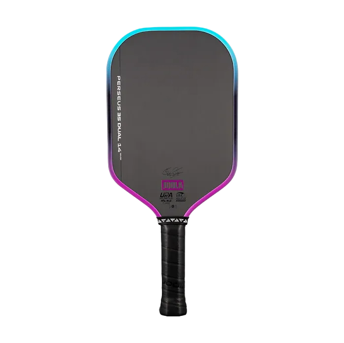 A black, blue, and purple Joola Perseus 3S Dual 14mm Pickleball Paddle.