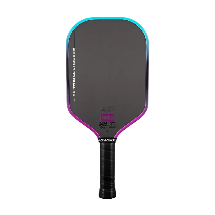 A Joola Perseus 3S Dual 16mm pickleball paddle with a black paddle face, a vibrant cyan-to-purple gradient border, and a black wrapped handle.