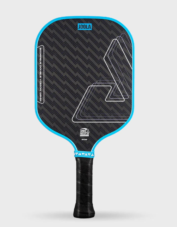 A JOOLA Scorpeus Double Vision pickleball paddle with a black and blue design.