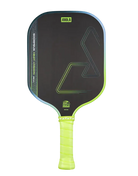 A Joola Scorpeus Heat Vision pickleball paddle featuring a black surface with neon yellow-green and blue accents, a bright neon yellow-green wrapped handle, and the Joola brand logo at the top.
