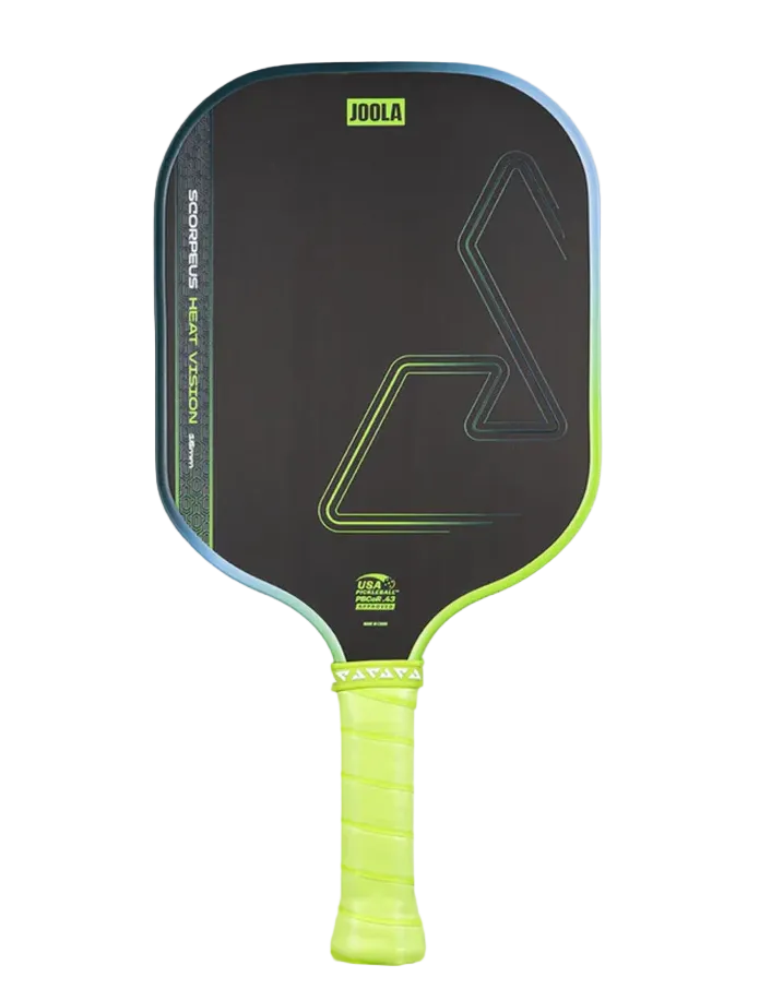 A Joola Scorpeus Heat Vision pickleball paddle featuring a black surface with neon yellow-green and blue accents, a bright neon yellow-green wrapped handle, and the Joola brand logo at the top.