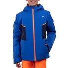 A boy wearing a blue Kjus Boy's Formula Ski Jacket that features a 20K waterproof and 20K breathable membrane, and a premium 4-way stretch fabric.