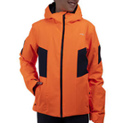 A boy wearing an orange Kjus Boy's Formula Ski Jacket that features a 20K waterproof and 20K breathable membrane, and a premium 4-way stretch fabric.