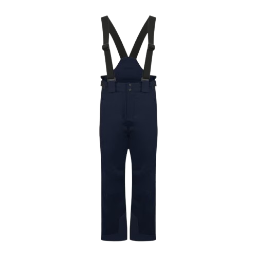 A pair of navy blue Kjus Boy's Vector ski pants for kids with adjustable suspenders, designed for winter comfort.