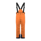 A pair of orange Kjus Boy's Vector ski pants for kids with adjustable suspenders, designed for winter comfort.