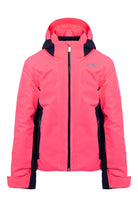A pink Kjus Downhill Girl's Ski Jacket that is made from a premium technical fabric that features 4-way stretch, 20K waterproofing, and 20K breathability.
