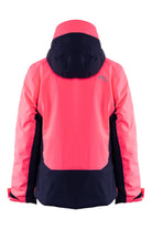 A pink Kjus Downhill Girl's Ski Jacket that is made from a premium technical fabric that features 4-way stretch, 20K waterproofing, and 20K breathability.