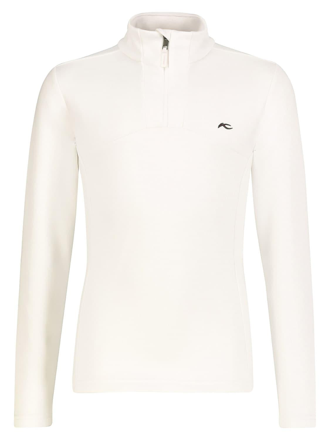 A white Kjus Girls Julie Half Zip Turtleneck midlayer sweater that is stretchable, breathable, and designed to be worn under a ski jacket.