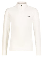 A white Kjus Girls Julie Half Zip Turtleneck midlayer sweater that is stretchable, breathable, and designed to be worn under a ski jacket.