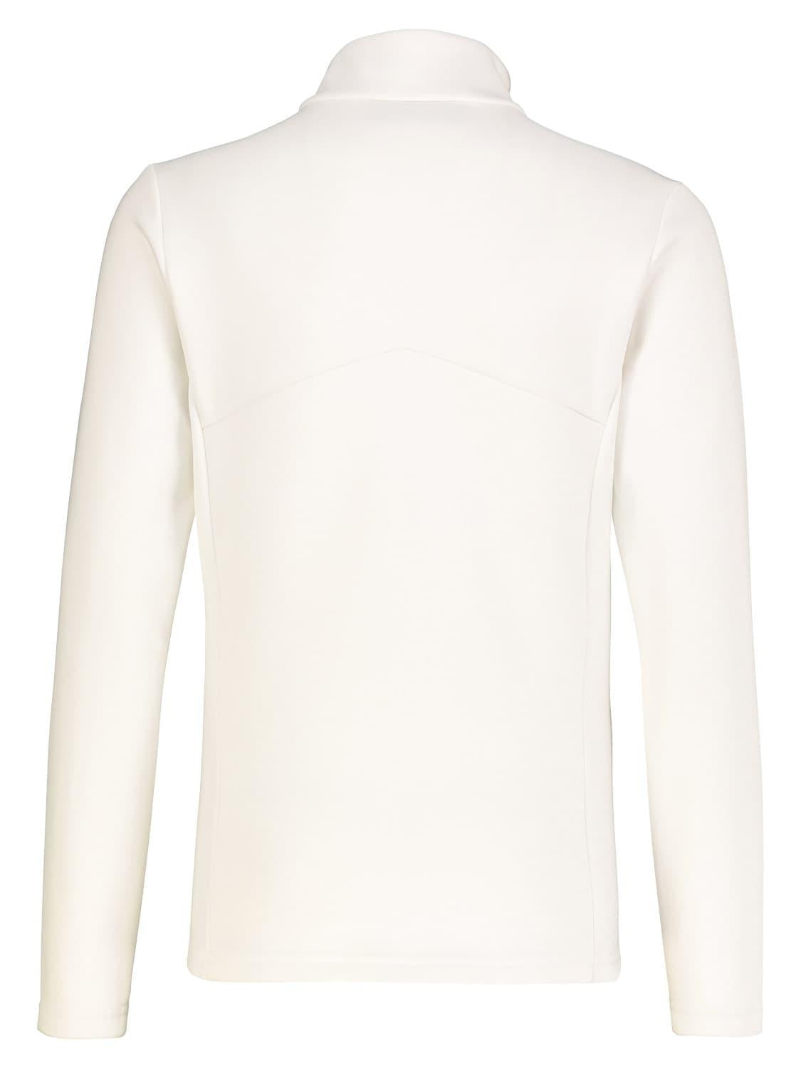 A white Kjus Girls Julie Half Zip Turtleneck midlayer sweater that is stretchable, breathable, and designed to be worn under a ski jacket.