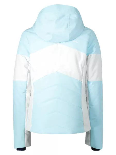 A light blue and white Kjus Girl's Madlain Ski Jacket that features a 20K waterproof and 20K breathable membrane, premium 4-way stretch fabric, and a fashionable silhouette.